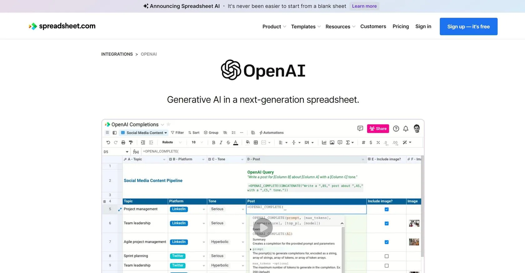 OpenAI in Spreadsheet